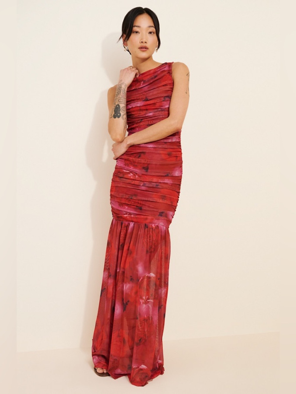 Elliatt Elise red floral ruched mesh maxi dress